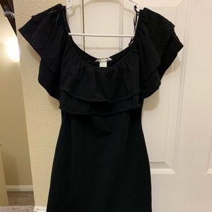 black ruffled shoulder dress